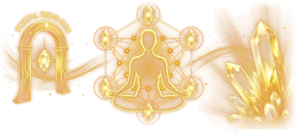 A Kiva ativando as linhas de energia: o Portal Dhar-Sum, uma pessoa sentada em meditação no centro da Geometria Sagrada com os cristais, e um grande cristal de quartzo